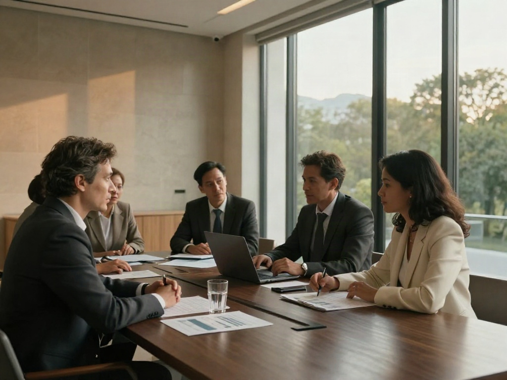 Business advisors discussing strategy and analytics around a sunlit meeting table